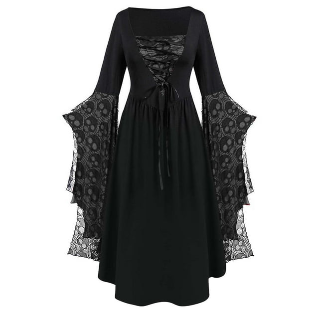 Robe pour Femmes Imprimé Dentelle Crâne Manches Longues Col Carré Mode