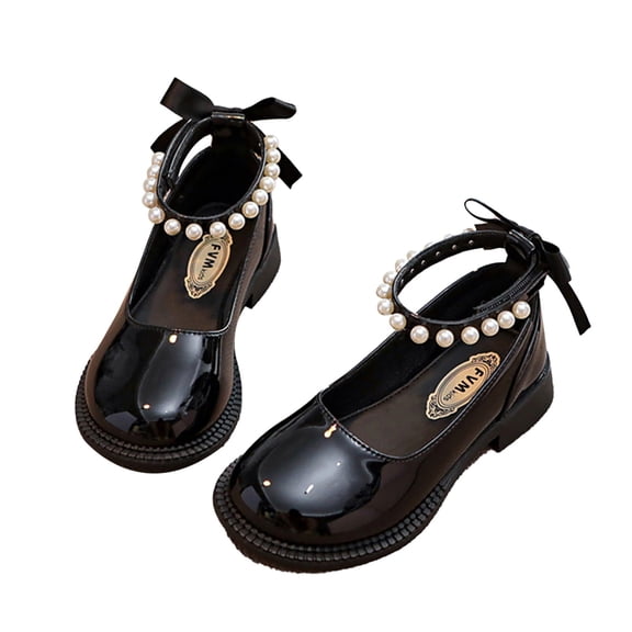 LNMQLPDBS Princess Shoes Little Girl's Solid Color Pearl Decoration Bow Dress Shoes Round Toe Low Heels Leather Mary Jane Shoes with Loop Back Strap for Wedding Communion and School ﻿