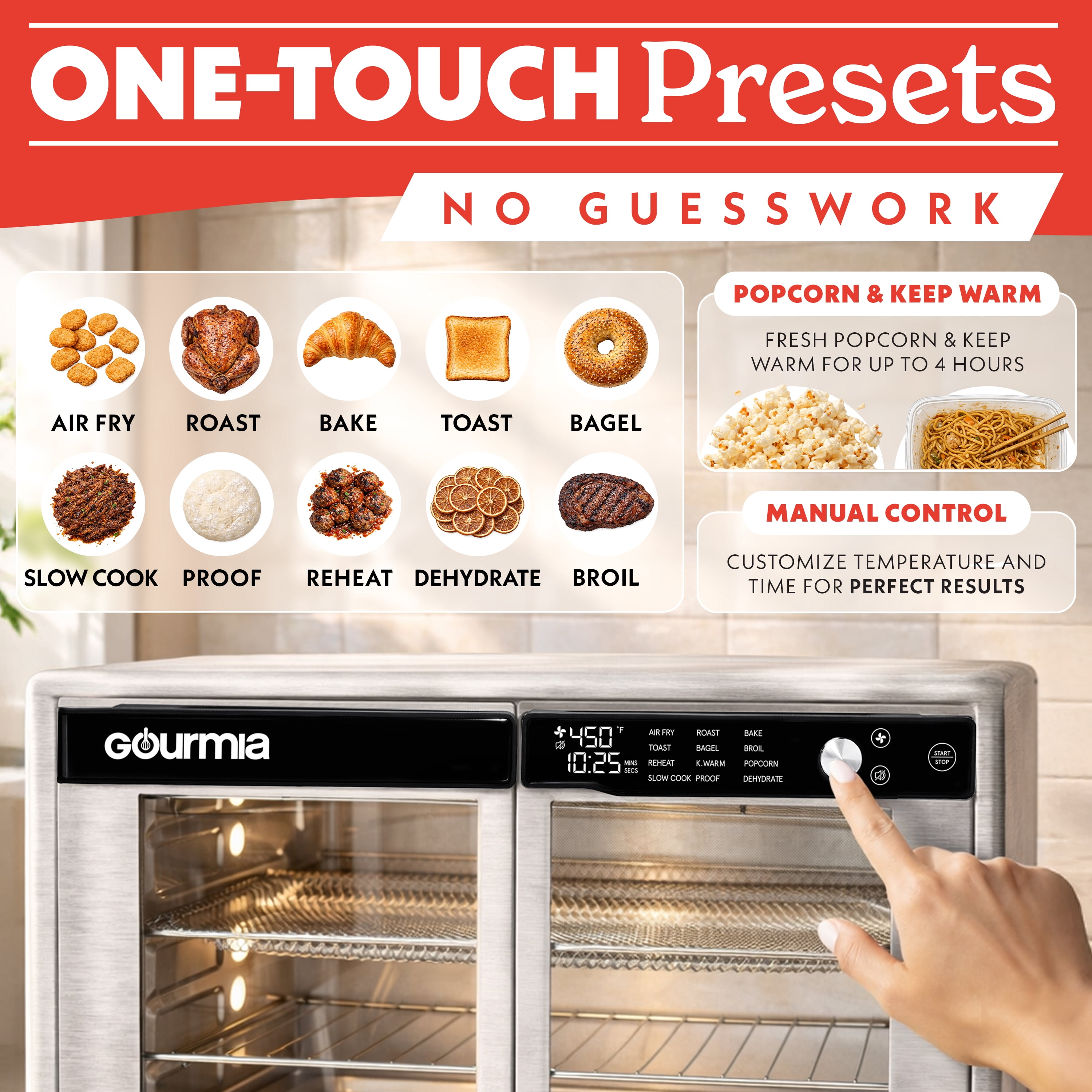 Gourmia Air Fryer French Door Toaster Oven - 9 Slice Capacity, 12 Presets, Stainless Steel