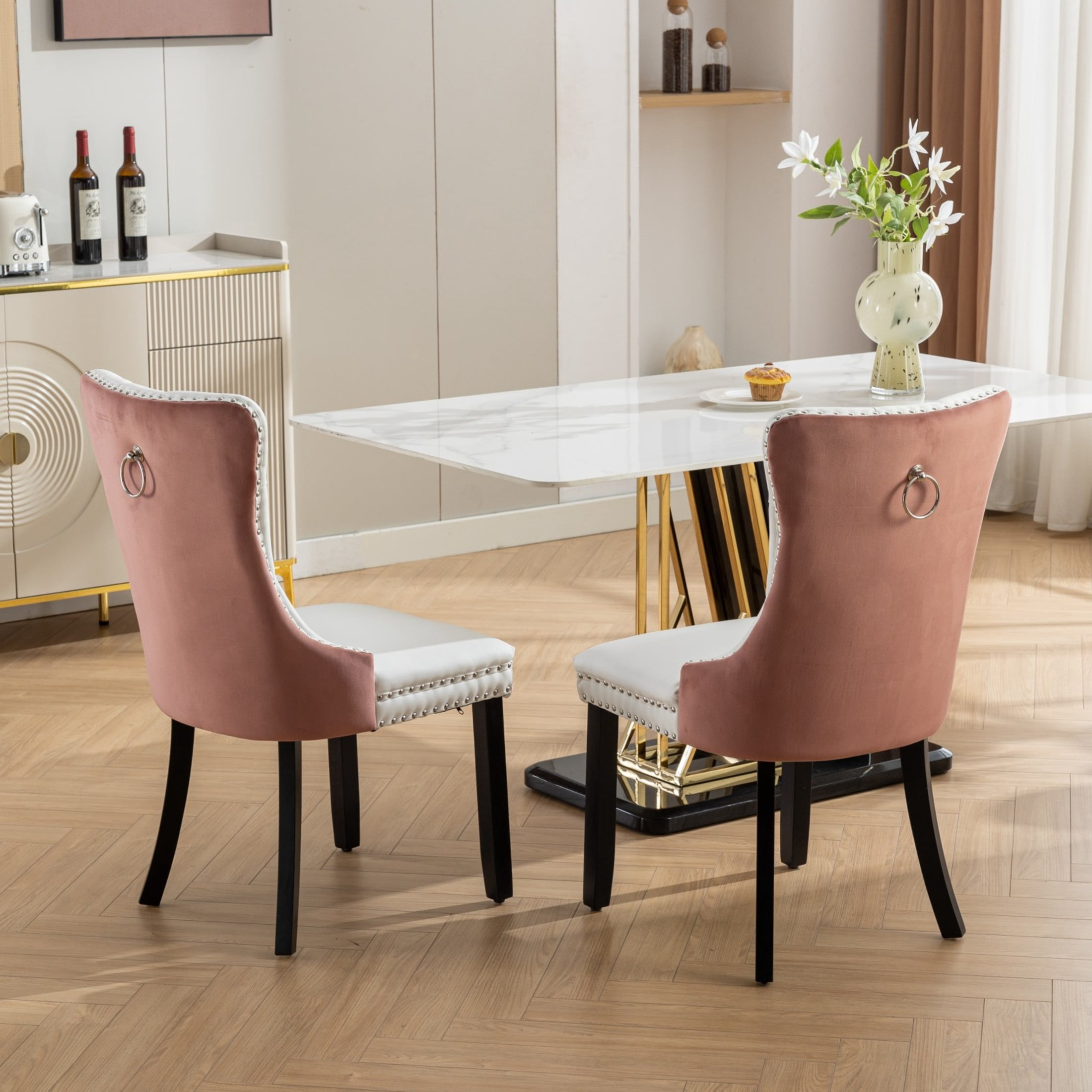 Noble House Set of 2 Dining Chairs, PU Leather and Velvet Upholstery, Tufted Back, White + Pink