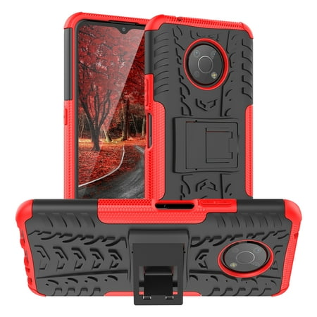 TJS Phone Case for Nokia G300 5G (N1374DL), Tire Texture Heavy Duty Shockproof Hybrid Kickstand Cover (Red)
