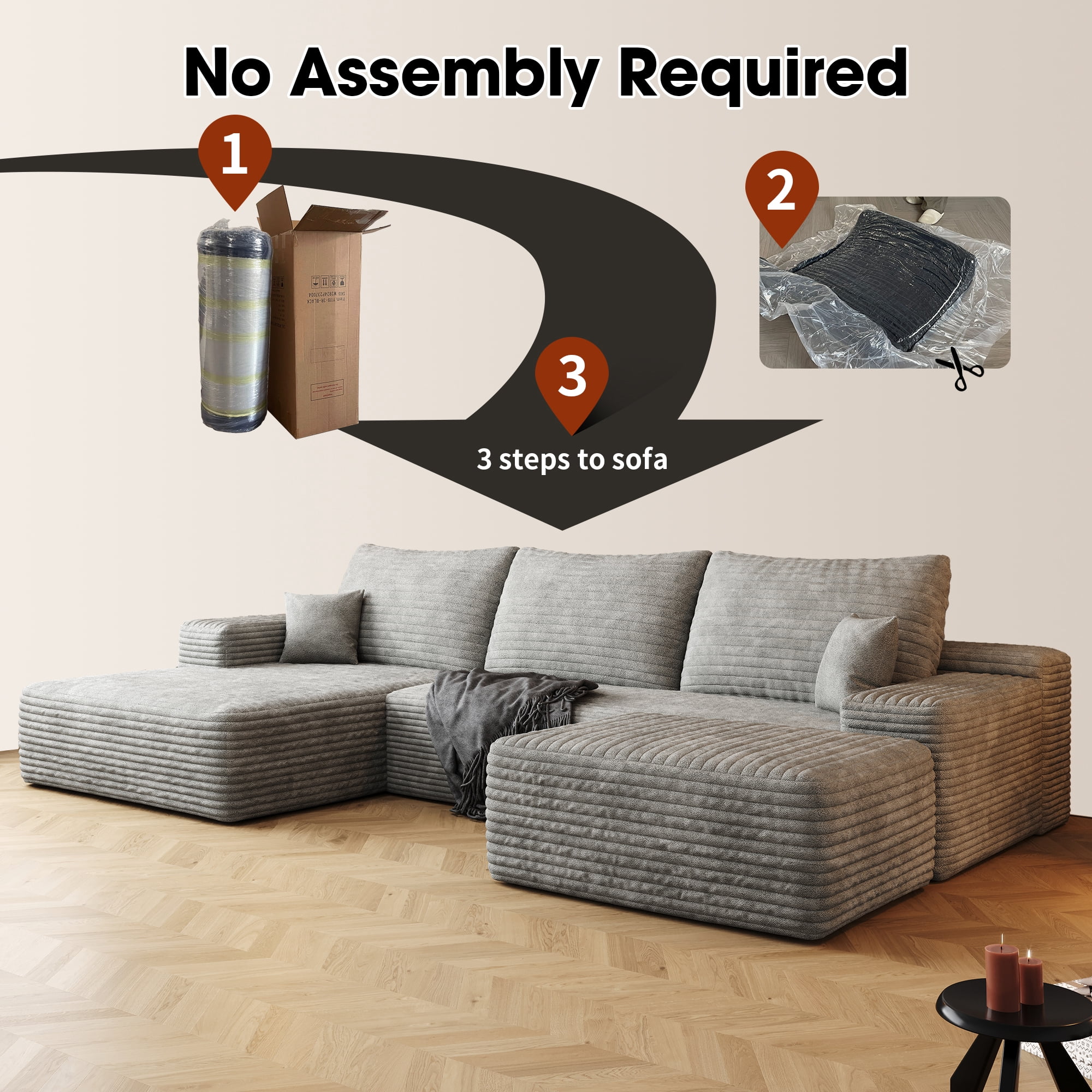 MAYEERTY 107" Cloud Sectional Sofa with 1 Ottoman, Modern Minimalist U-Shaped Deep Seat Couch, No Assembly Plush Corduroy Fabric, Gray (3 packages)