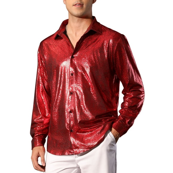 Unique Bargains Metallic Shirt for Men's Button Down Party Glitter Costume Shiny Leopard Printed Shirts Burgundy S