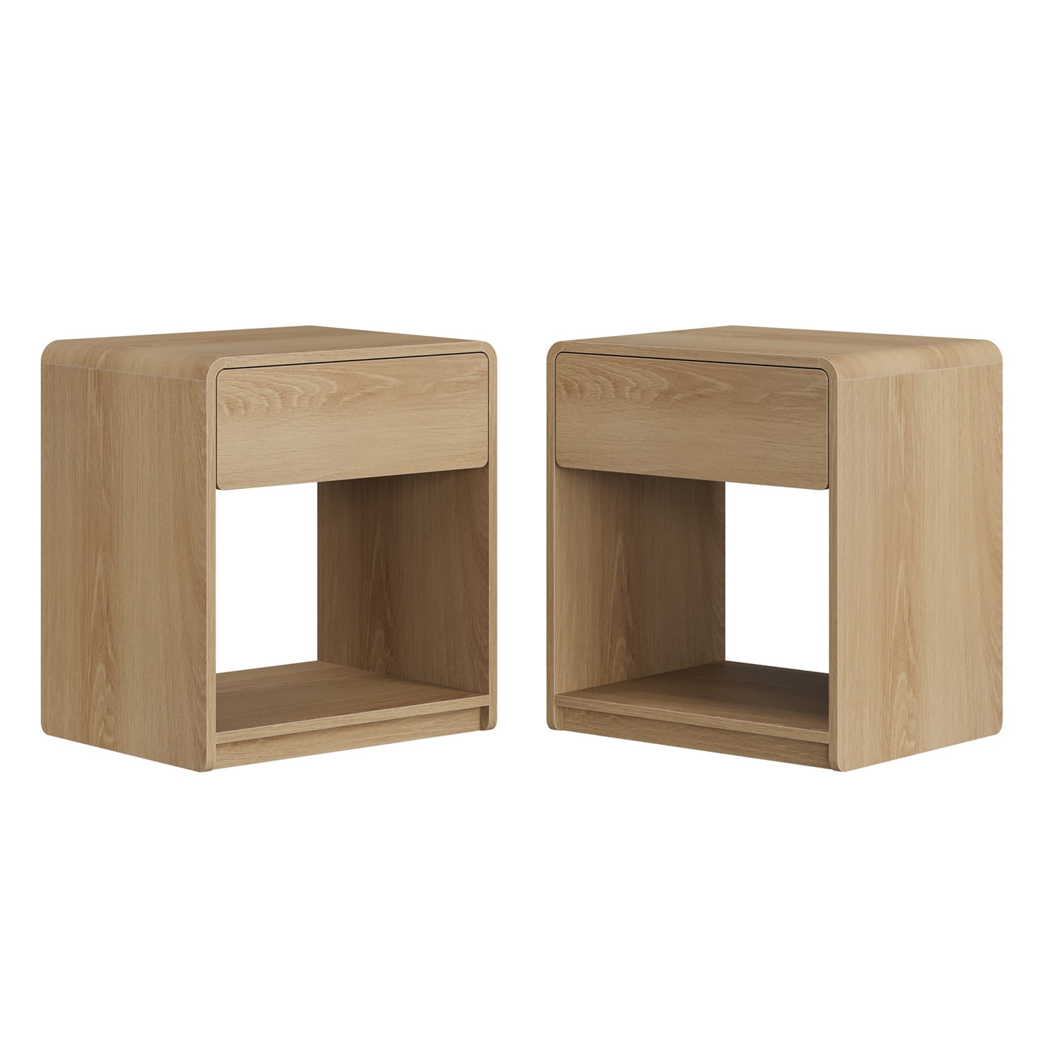 Hommoo Mid-Century Modern Bedside Table Set of 2, Wooden Nightstand with Hidden Drawer & Open Shelf, Rounded Corner Design for Bedroom or Living Room, Natural