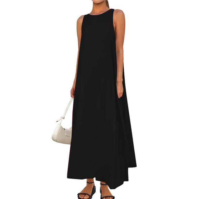 Liquidation d'Été 2025! Robe Grande Taille pour Femmes, Liquidation d'Été pour Femmes, Mode Robe d'Été Décontractée Sans Manches à Col Rond Unie pour la Plage Robe Boho