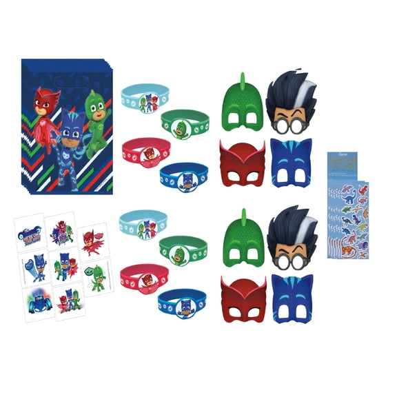PJ Masks Birthday Party Supplies Favor Bundle Pack includes 8 Loot Bags, 8 Rubber Bracelets, 8 Tattoos, 8 Party Paper Masks, 1 Dinosaur Sticker Sheet
