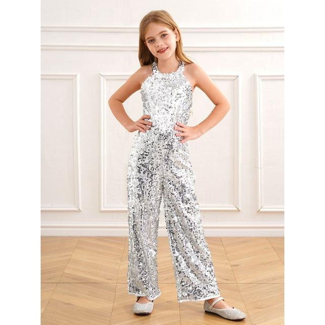Eandarui Barboteuse à Sequins pour Filles, Col Halter Sans Manches, Combinaison de Danse Formelle pour Fête Argent 12