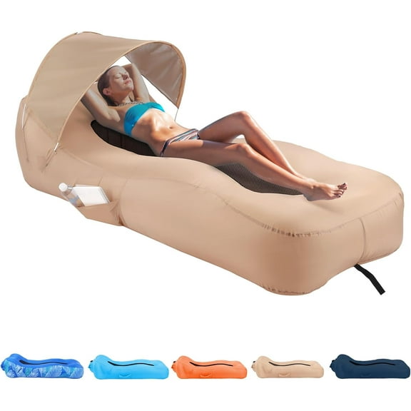 Inflatable Lounger Air Sofa with Unique Sun-Shade Design, Inflatable Beach Bed with Pillow, Waterproof Inflatable Couch Camping Chair Hammock for Hiking Backyard Travel Beach Park Picnics