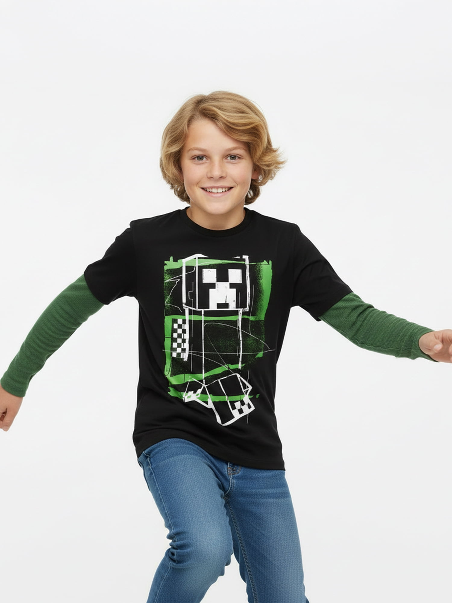 Minecraft, Boys' Graphic Waffle Knit Long Sleeve 2Fer, Sizes 4-18