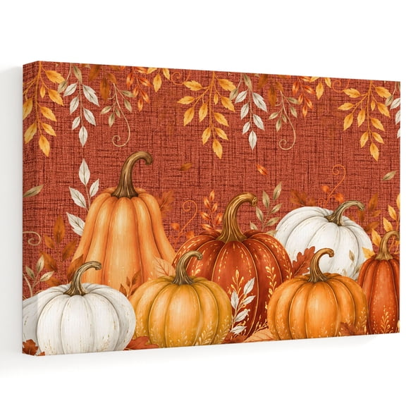 Autumn Harvest Canvas Wall Art, Red Linen White Pumpkin Eucalyptus Leaves Fall Wall Art Prints Artwork Framed Canvas Ready to Hang Art Pictures for Bathroom, Dressing Table, Entryway 12" x 8"