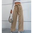 thumbnail image 4 of Pantalones de piernas anchas para mujer, con cinturón y lazo, bolsillos laterales de color puro, cierre de cremallera, pantalones casuales, color caqui L, 4 of 8