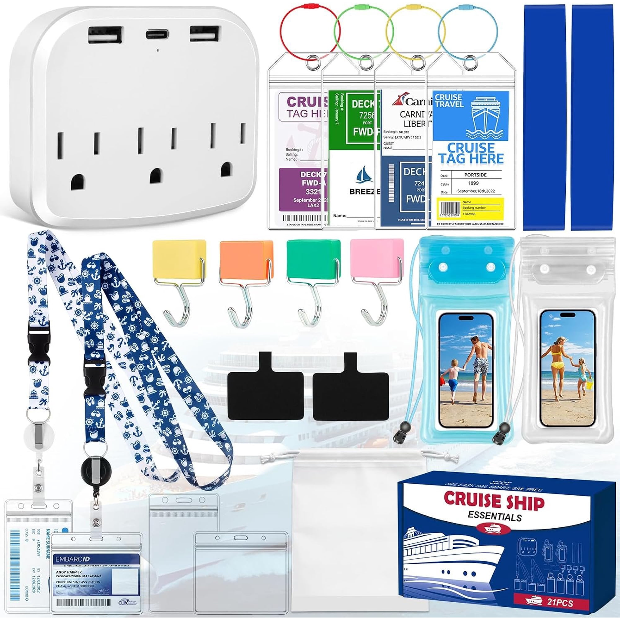 Cruise Ship Essentials 2026 - Complete Cruise Haves Kit with Phone Pouches, Extra Hooks, Non-Surge Power Strip, Lanyards, Luggage Tags & Box Packaging