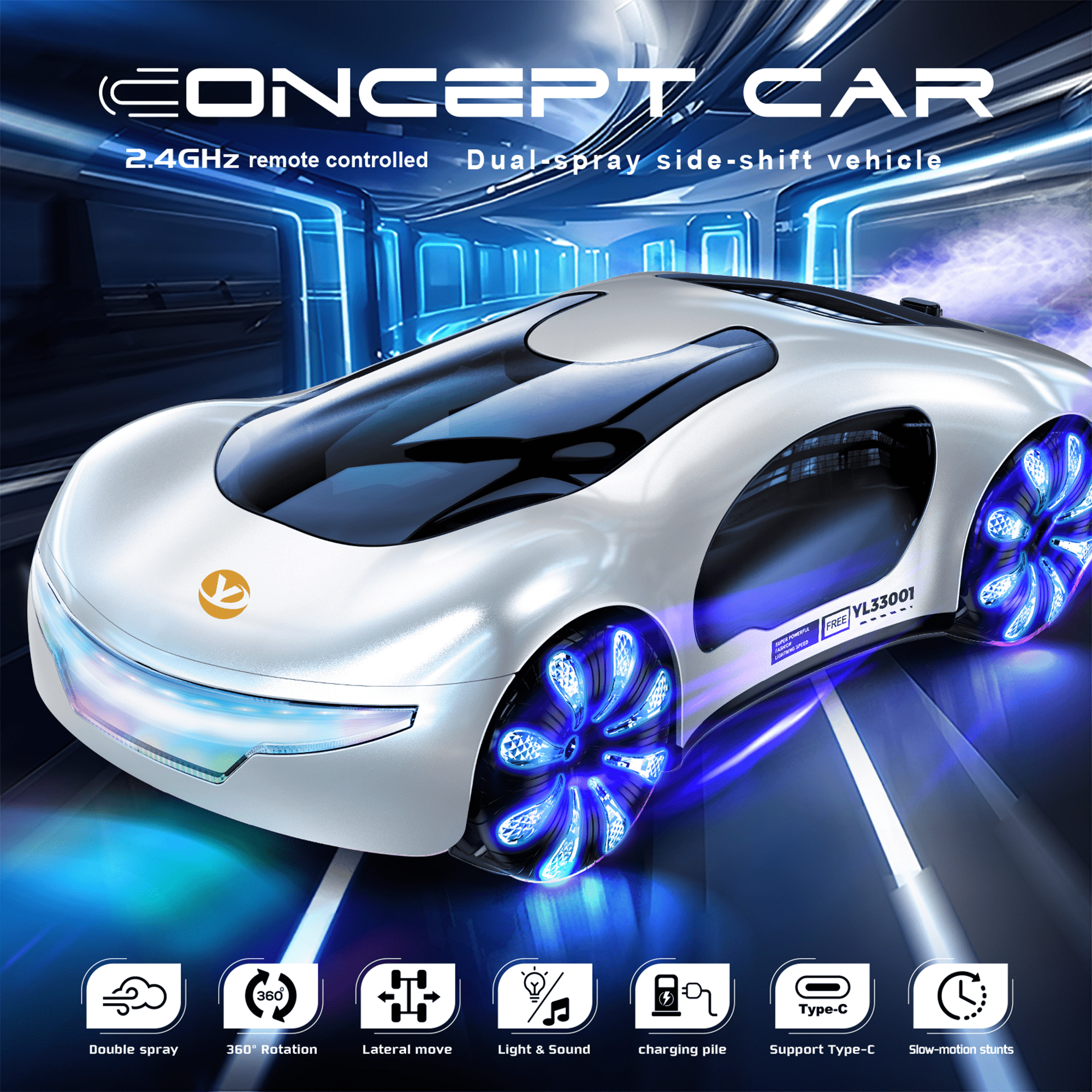 Flynow Remote Control Car, RC Drift Toy for Kids 3 4 5 6 7 8 9 10 11 Year Old, 2.4GHz 1200mAh 360° Rotate Cars with Light Sound Spray, Christmas Birthday Gift for Adults Boys Girls Age 12+