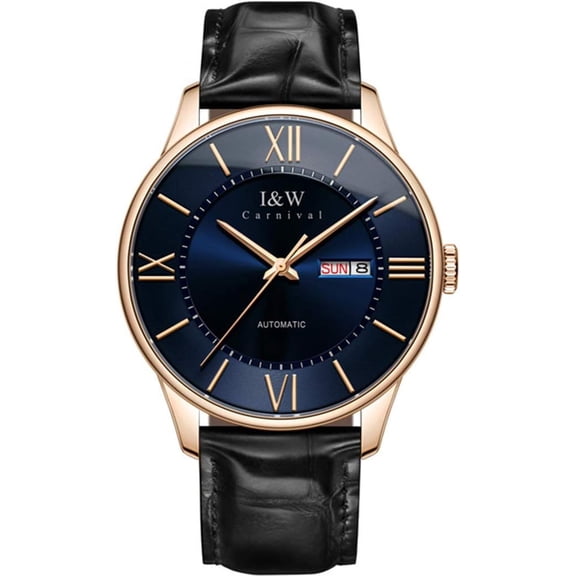 Men's Automatic Self-Wind Watches Ultra Thin Waterproof Week & Date Leather Strap Dress Watches
