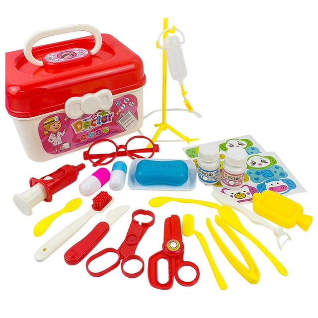 dentist toy 28/23pcs/set pretend play dentist tools set for kid set D maletín rojo y crema frente con 28 piezas de plástico: soporte de suero amarillo, jeringa roja, gafas rojas, jabón azul de juguete, dos frascos pequeños, tijeras y cortaúñas rojos, pinzas y espátulos amarillos, cucharas blancas y stickers; juego de roles y juguete educativo para casa o escuela.