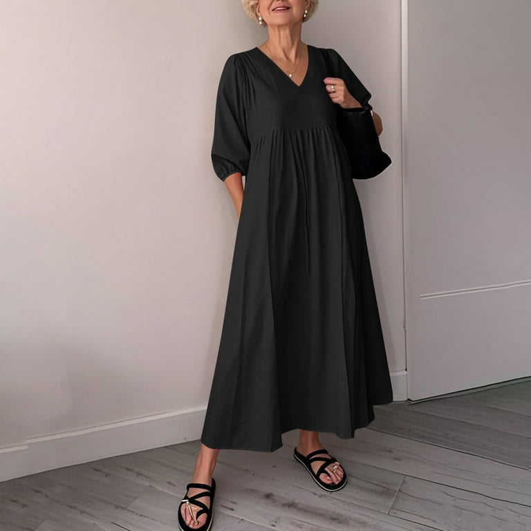 3/4 sleeve maxi dress casual Womens Cotton Linen Maxi Dresses Summer 3/4 Sleeve Button V Neck Dress  Casual Loose Fit Long Dress with Pockets