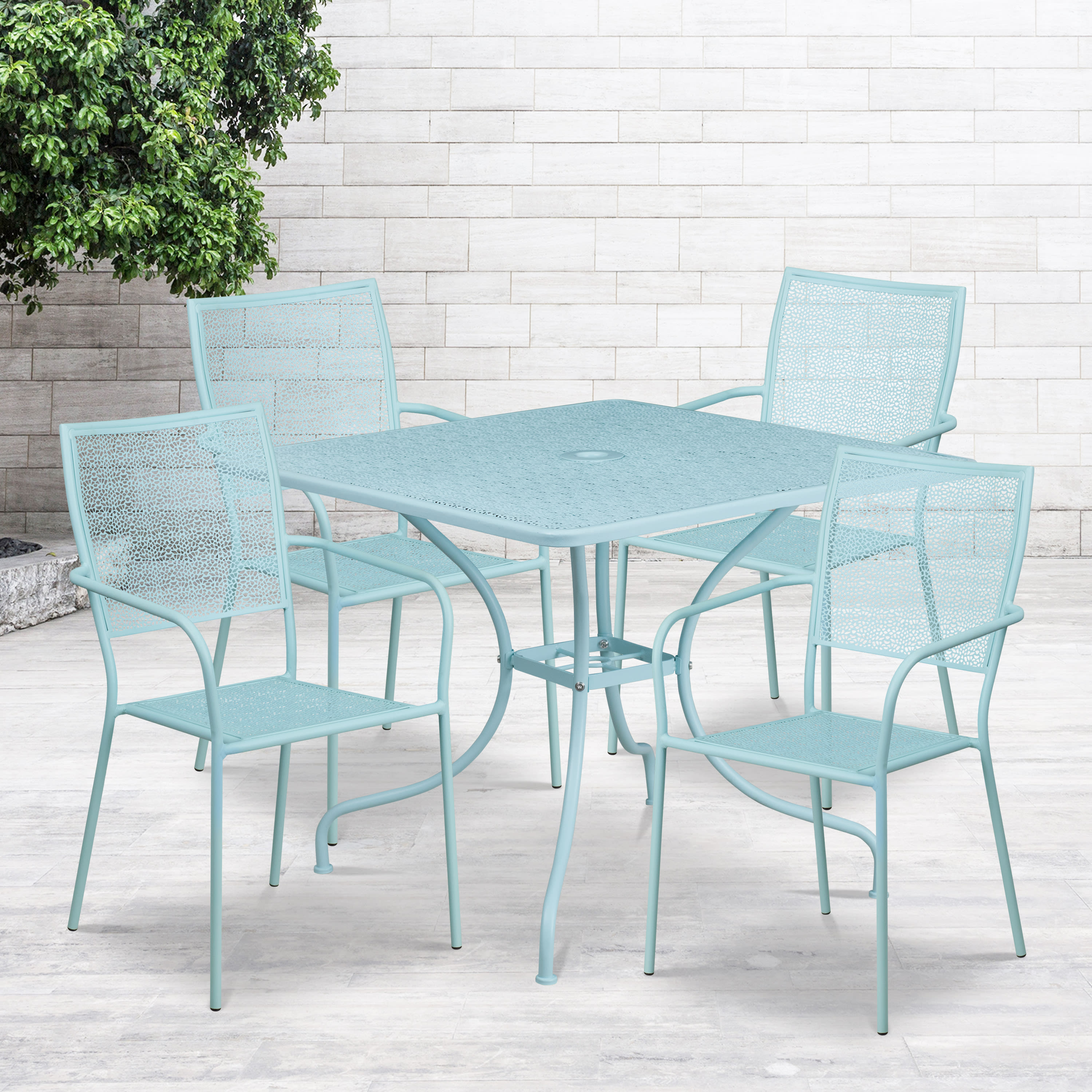 Flash Furniture Oia Commercial Grade 35.5" Square Sky Blue Indoor-Outdoor Steel Patio Table Set with 4 Square Back Chairs - image 2 of 5
