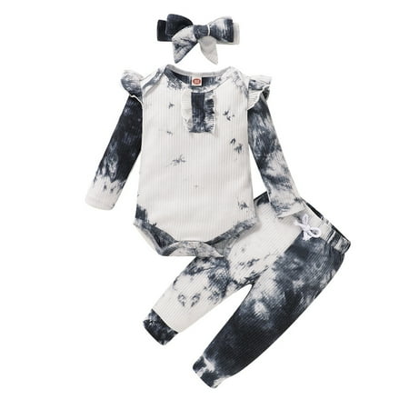 

Toddler Baby Girl Clothes Baby Girl Outfits Tie-dye Rib Outfits Ruffle Long Sleeve Romper Top Pants Headband 3PCS Set 12-18 Months Gray