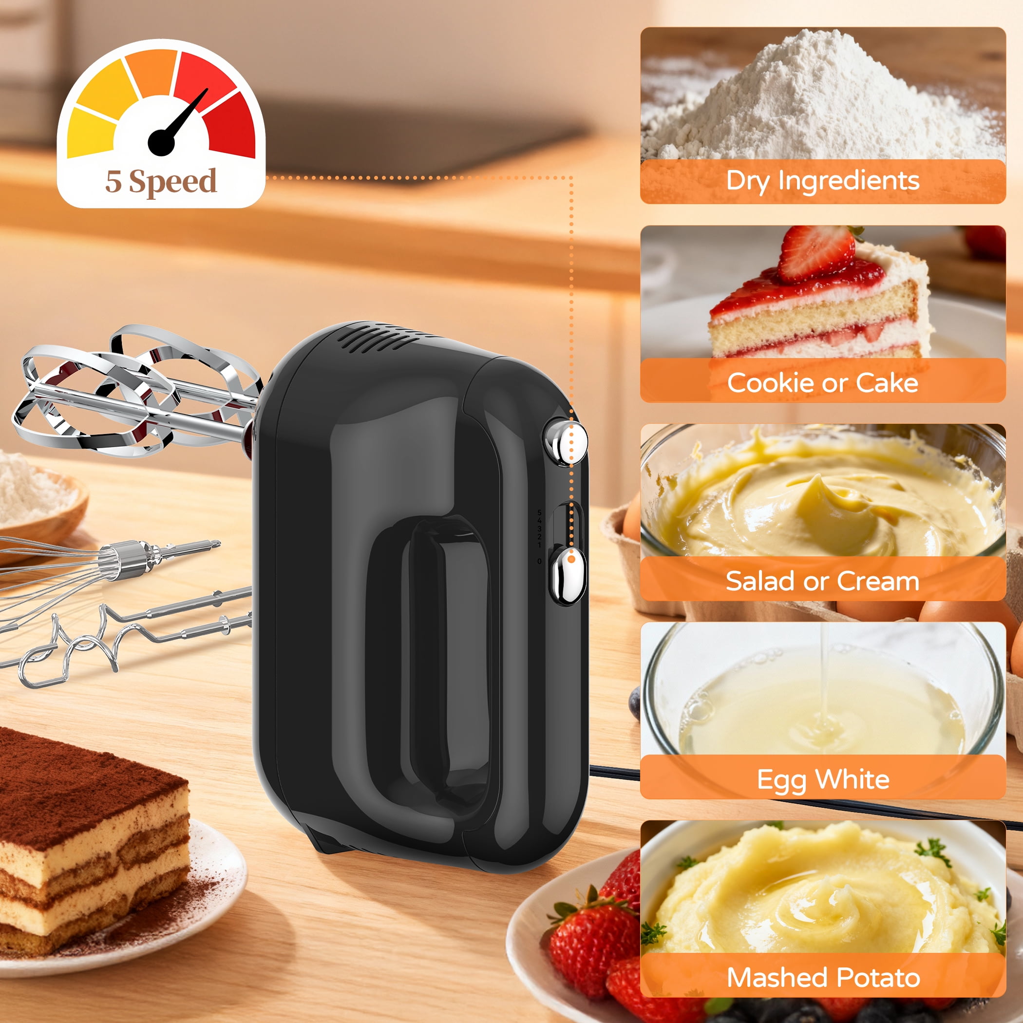 Hivroo Electric Hand Mixer, 5-Speed with Stainless Steel Beaters & Dough Hooks for Baking Cake Egg Cream Food