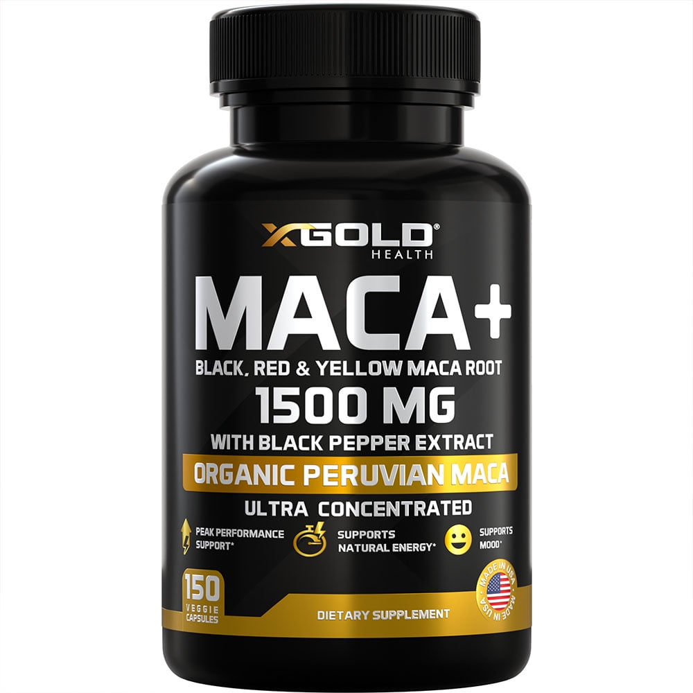 X Gold Health Organic Maca Root Powder Capsules Black, Yellow & Red Maca Pills 1500 mg, 150 Count