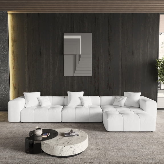 144" Modular Sectional Sofa with Movable Ottoman, Modern Linen Deep Seat, L Shaped Cloud Couch for Living Room, 3-Seat, White Couch