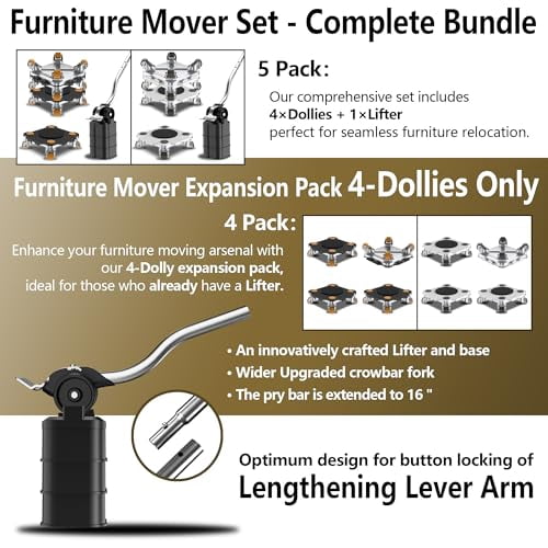ONEON Furniture Mover with Wheels, 360° Rotation Wheels for Moving Heavy Furniture, Appliances, 880 LB Max Load Capacity with Auxiliary Lifter - Black Connect Dolly Pro