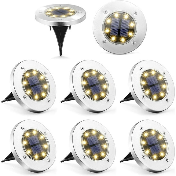 Qishi Solar Ground Lights, 8 LED Solar Disk Lights Outdoor Waterproof for Garden, Yard, Patio, Pathway, Lawn, Driveway, Walkway - Warm White (8 Packs)