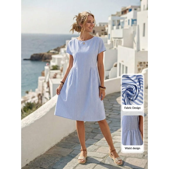 Women's Casual Striped Round Neck Summer Dress - Vacation Boho Midi Dress for Beach & Travel