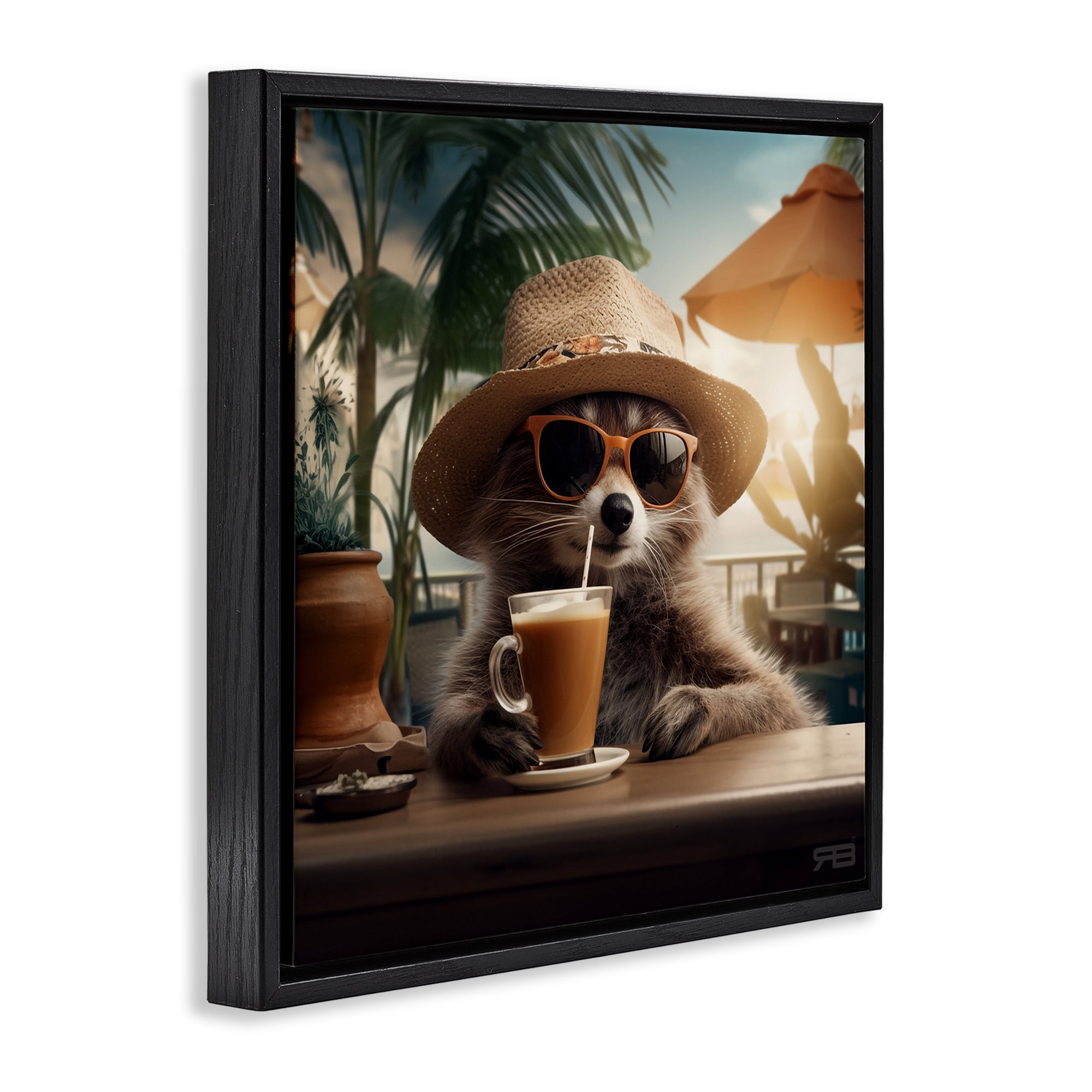 Stupell Industries Animal Sipping Tropical Drink Animals Painting Black Floater Framed Canvas Art Print Wall Art, 25 x 25