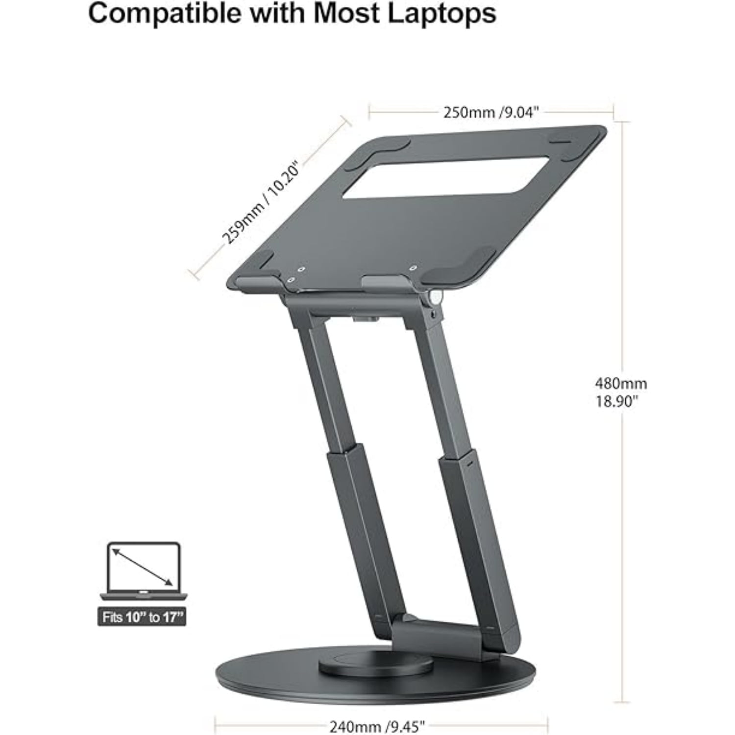 Telescopic Laptop Stand for Desk with 360° Swivel Base, Sit to Stand, Height Adjustable, Portable Riser Holder for Good Posture, Compatible , All Laptops 10-17"-Gray