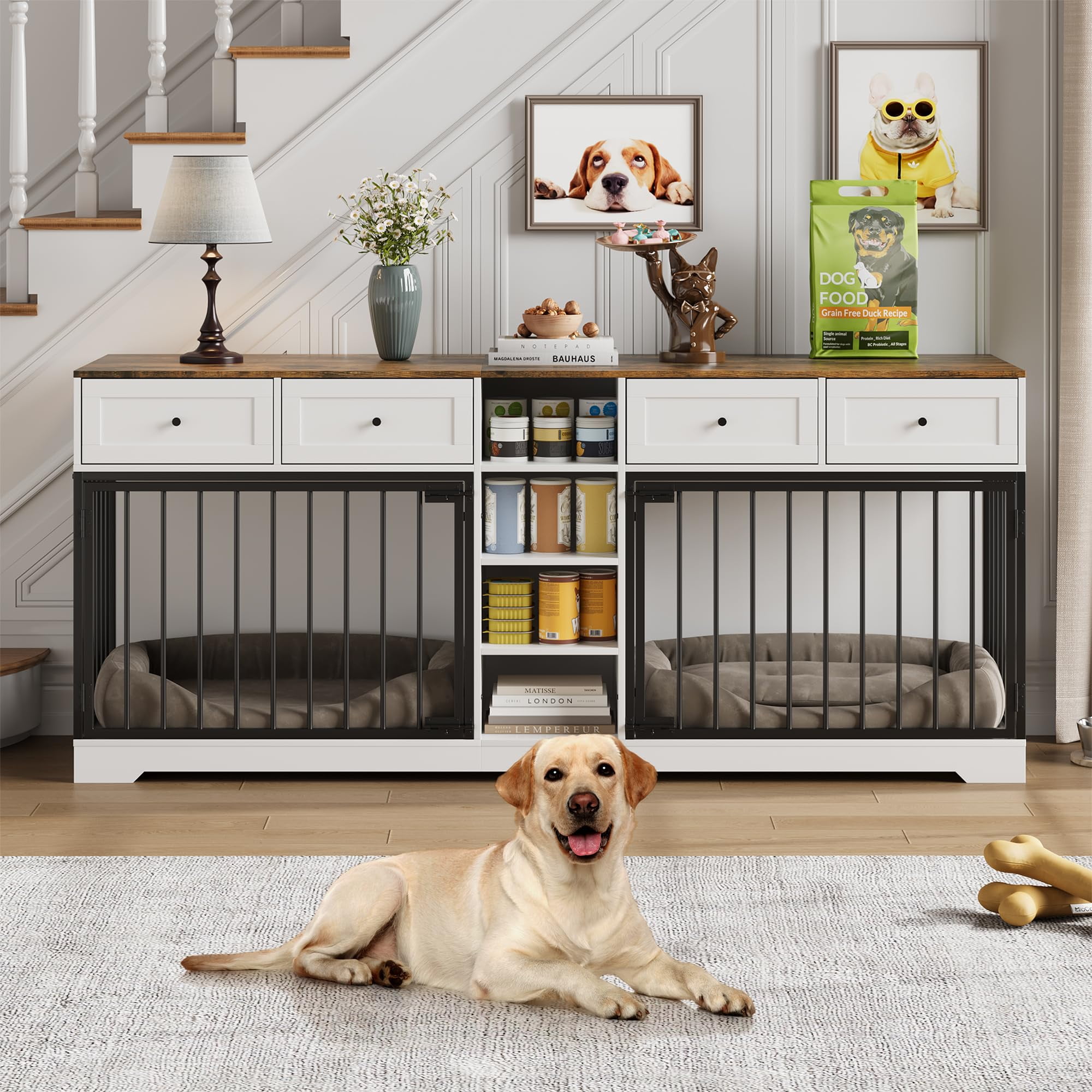 Yeshouse Large 82” Dog Crate for 2, Dog Kennel Furniture with Storage Drawers & Shelves, TV Console for Living Room