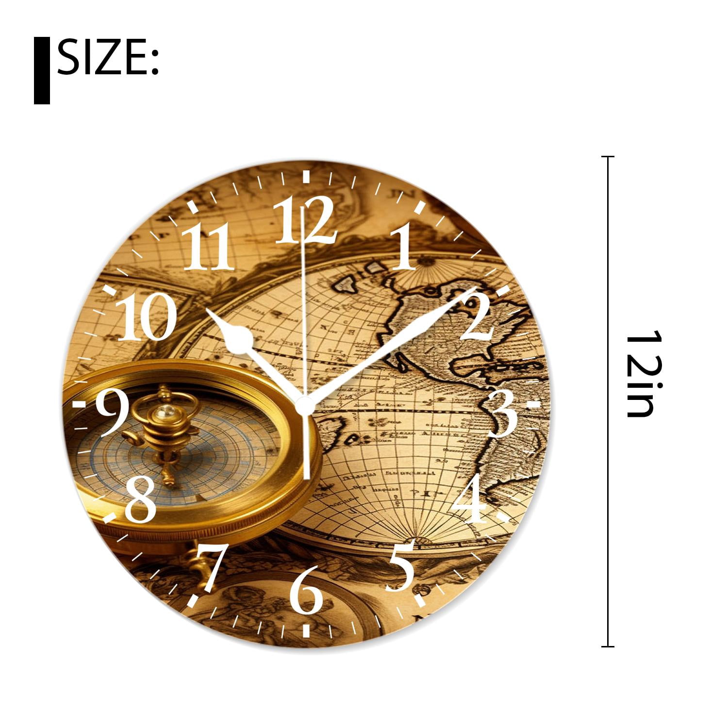12 Inch Wall Clock Battery Operated Silent Clock Decorative for Office, Kitchen, Outdoor, Living Room，Accurate Map Lovely Design