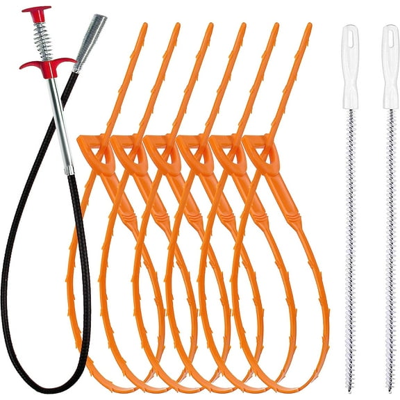 chalian 35.5inch Drain Clog Remover(1pcs), 25inch Drain Snake Hair Remover(6pcs) ＆ Cleaning Brush(2pcs), Hair Catcher Drain Auger Cleaner Tool Set For Toilet, Kitchen Sink, Bathroom Tub, Sewer,9 Pack