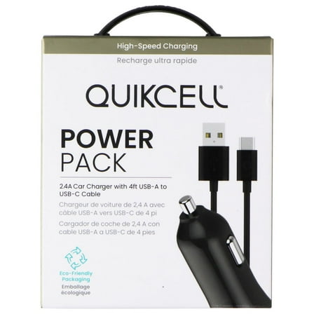 Quikcell Power Pack 2.4A Car Charger with 4ft USB-A to USB-C Cable - Black