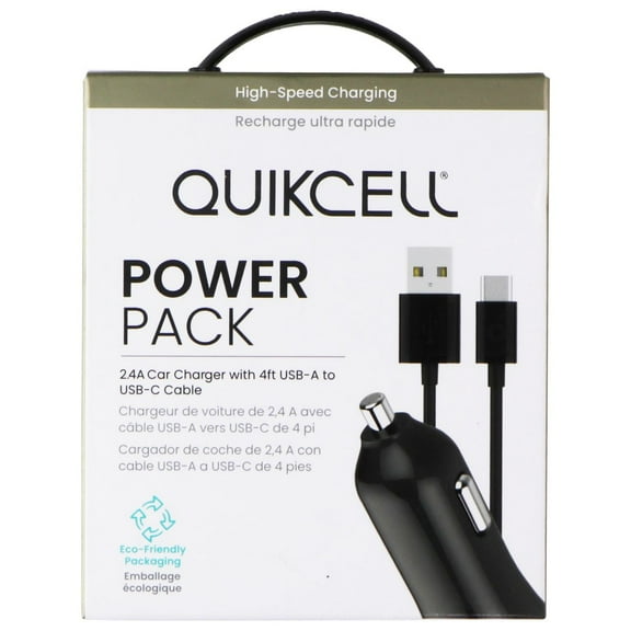 Quikcell Power Pack 2.4A Car Charger with 4ft USB-A to USB-C Cable - Black