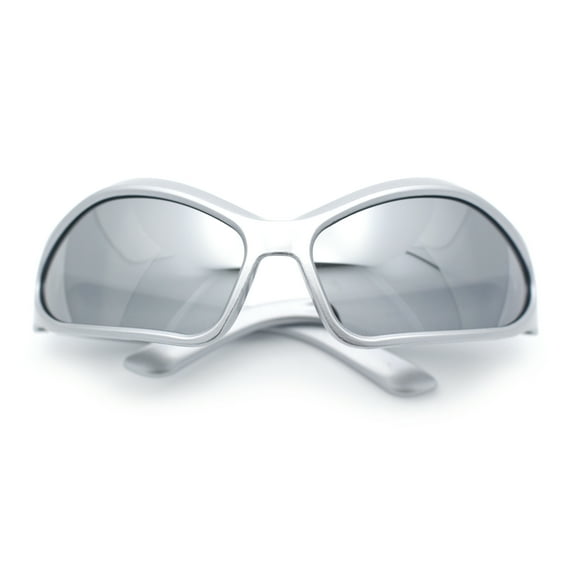 Womens Trendy Wrap Around Bug Eye Oval Sport Fashion Plastic Sunglasses Silver - Silver Mirror