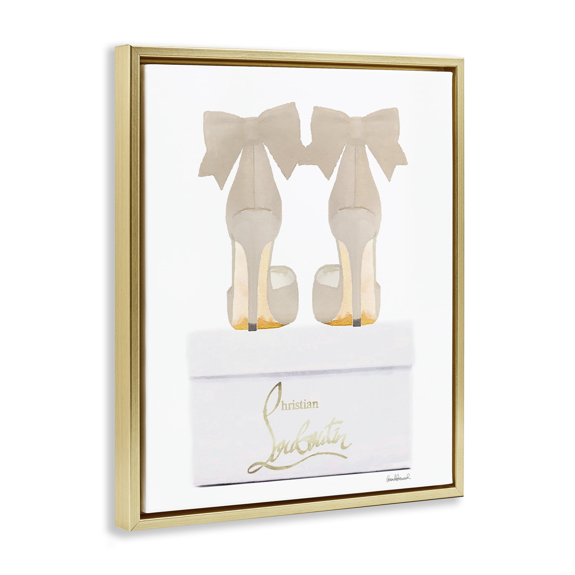 Stupell Industries Beige Bow Heels Fashion Painting Gold Floater Framed Canvas Art Print Wall Art, 17 x 21