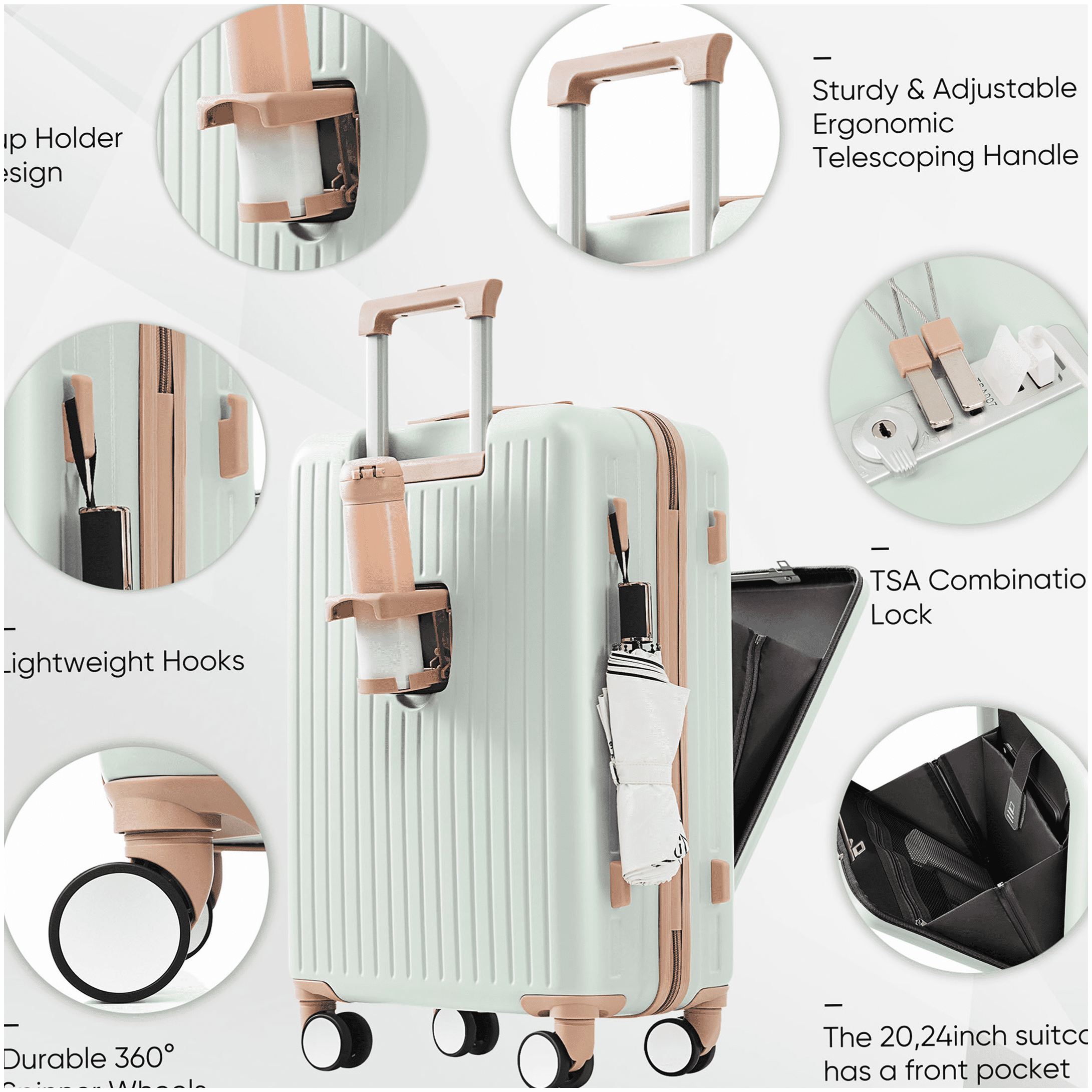 Airline Approved Carry On Luggage Set with USB Port, Front Opening, ABS Hard Shell & Spinner Wheels