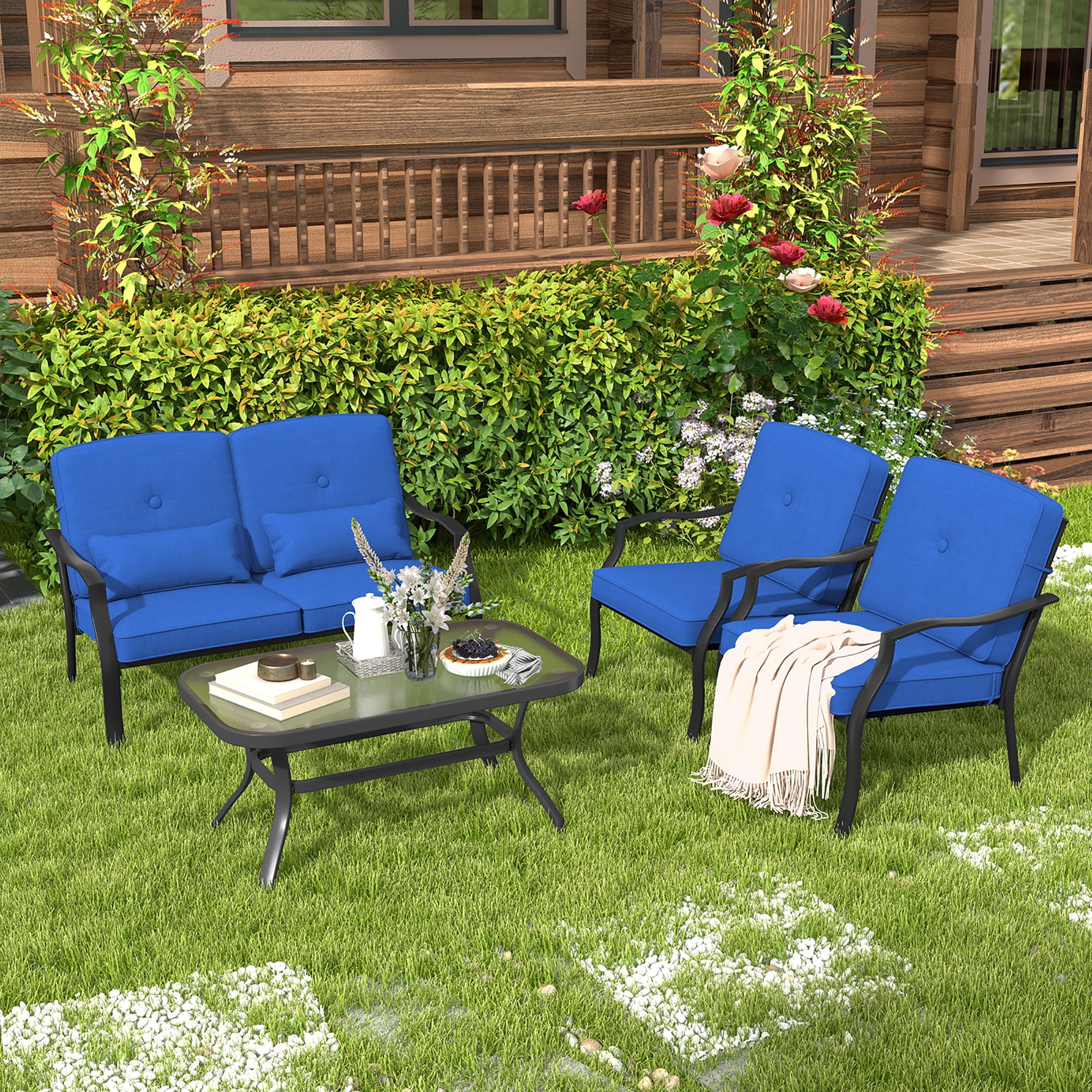 Gymax 2 PCS Patio Metal Chairs Outdoor Dining Seat Heavy Duty w/ Cushions Garden Blue