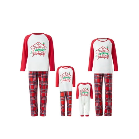 

Huakaishijie Christmas Pajamas for Family Matching PJ s Sets Letters Print Long Sleeve Tee and Plaid Pants Loungewear Sets