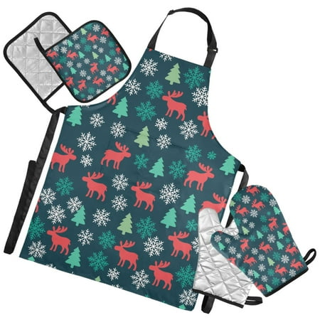 Ryvnso Elk Tree Snowflakes Reindeer Kitchen Apron Oven Mitts Set Pot Holders