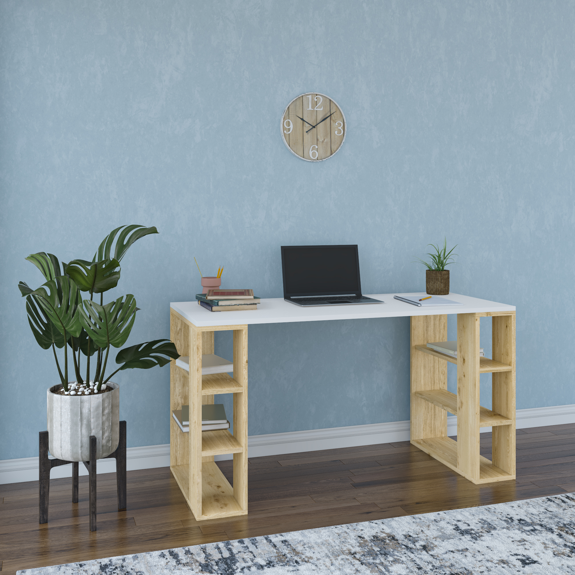 Ada Home Decor Minimalist Home Office Computer Desk Workstation with 3 Shelves Bookcase, White/Oak