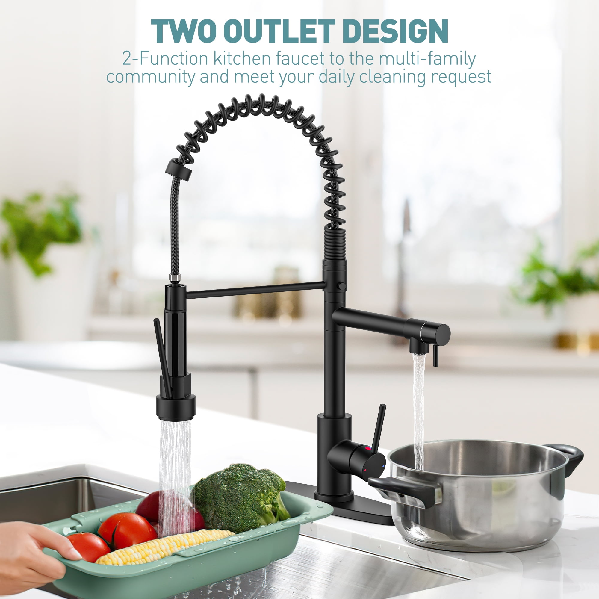 GPED Kitchen Faucet, Kitchen Sink Faucet with 2 Function Sprayer, SUS304 Stainless Steel & Double-Headed, Single Handle High Arc Kitchen Faucet with Pull Down Sprayer & Deck Plate, Matte Black