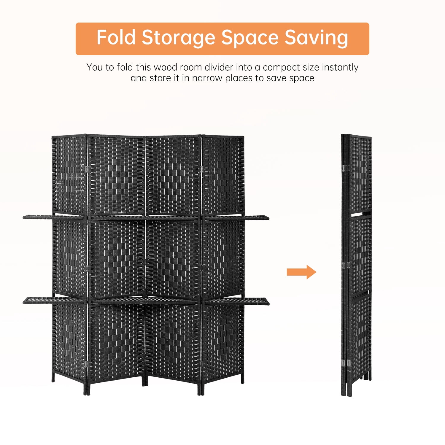 YRLLENSDAN 4 Panel Room Divider Wall, Room Partitions and Dividers Freestanding Portable Wall Room Partition Folding Room Divider with Removable Storage Shelves, Black