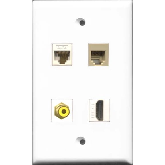 RiteAV 1 Port HDMI and 1 Port RCA Yellow and 1 Port Phone RJ11 RJ12 Beige and 1 Port Cat6 Ethernet White Wall Plate