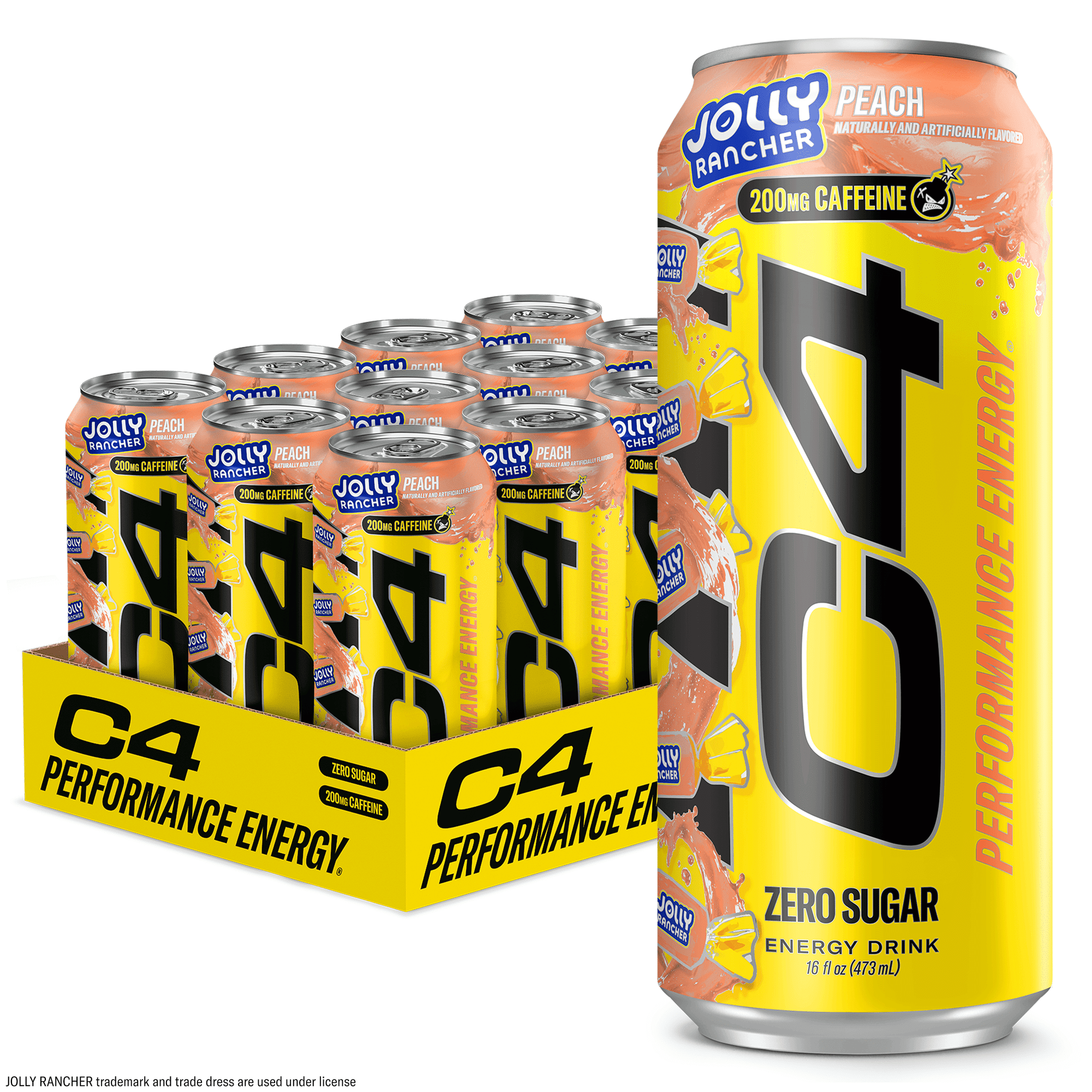 C4 Performance Energy Drink, Jolly Rancher Peach Flavor, 16 fl oz Cans, 12 Pack