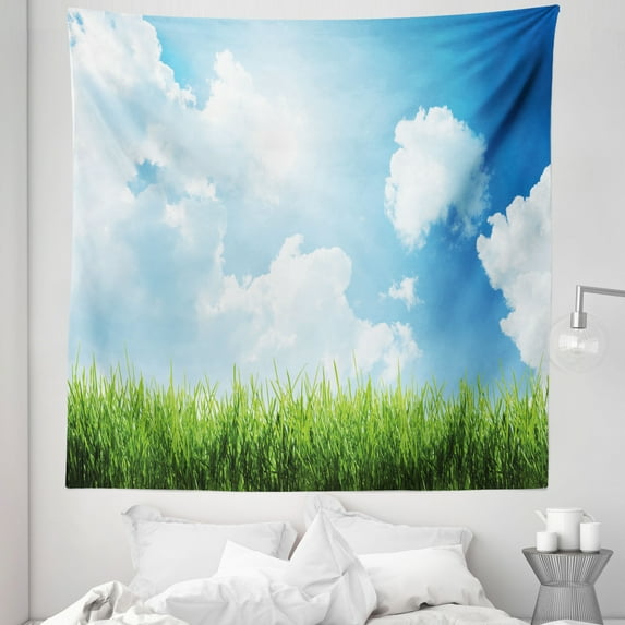 Sky Tapestry, Sunny Day Image with Green Grass Sun Rays Clouds Beauty of Nature Country Meadow, Fabric Wall Hanging Decor for Bedroom Living Room Dorm, 5 Sizes, Blue Green White, by Ambesonne