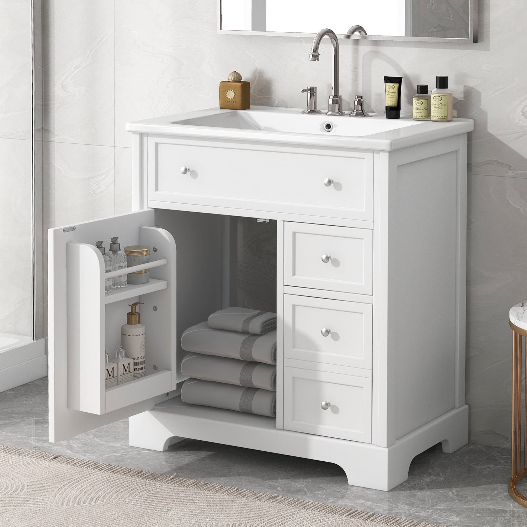 Euroco 24'' Bathroom Vanity with Ceramic Sink, Door Shelf, 2 Drawers and 1 Cabinet, Painted Finish, Solid Wood & MDF
