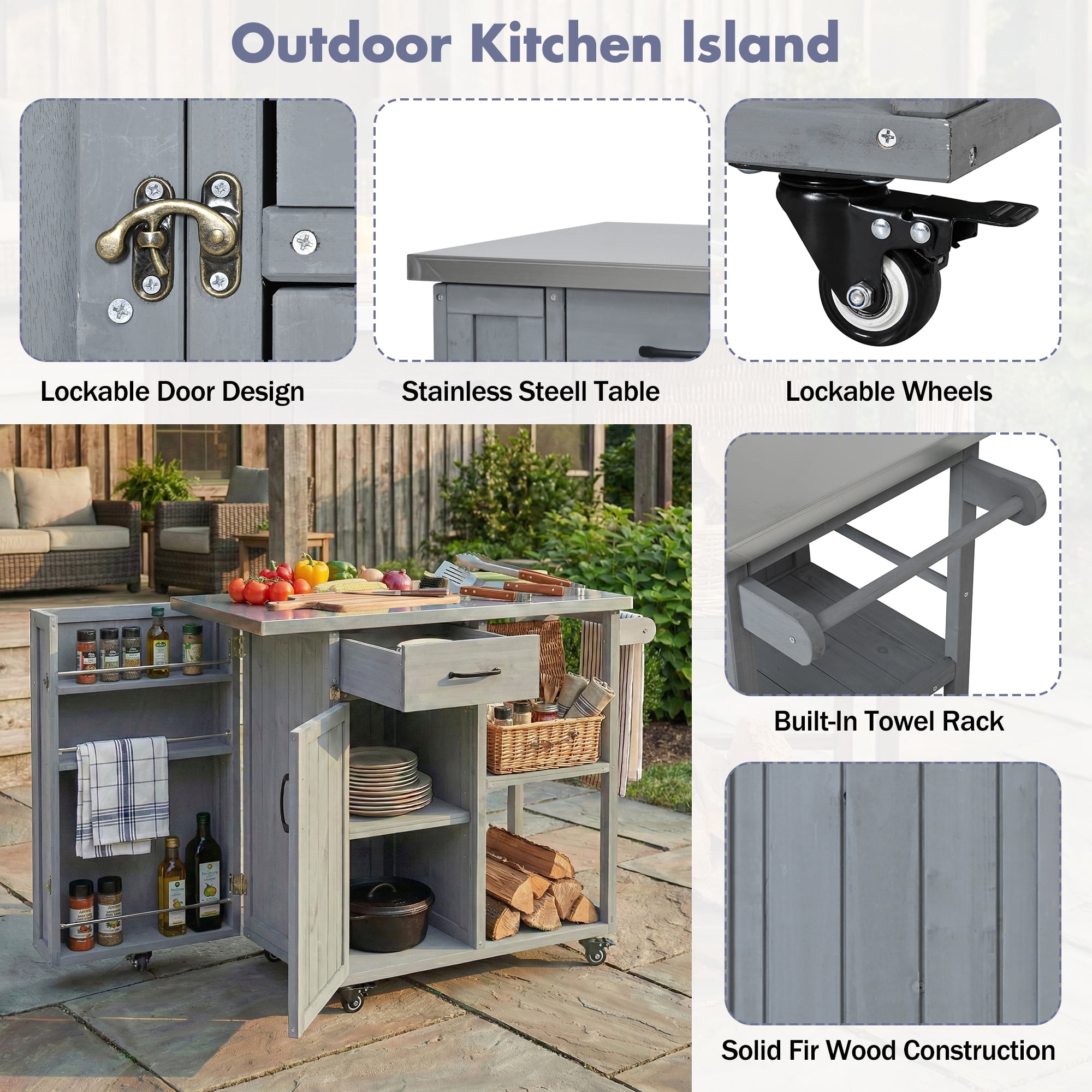 Fir Wood Kitchen Prep Station, Lockable Outdoor Cart with Stainless Steel Top for Patio, Grey