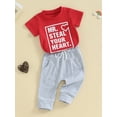 thumbnail image 3 of Suealasg Toddler Boy Valentine's Day Clothes 6M 1T 2T 3T Baby Boy Short Sleeve Letter Heart Print T-Shirt Elastic Pants Sets 2 Piece Kids Boy Cute Summer Outfits, 3 of 9